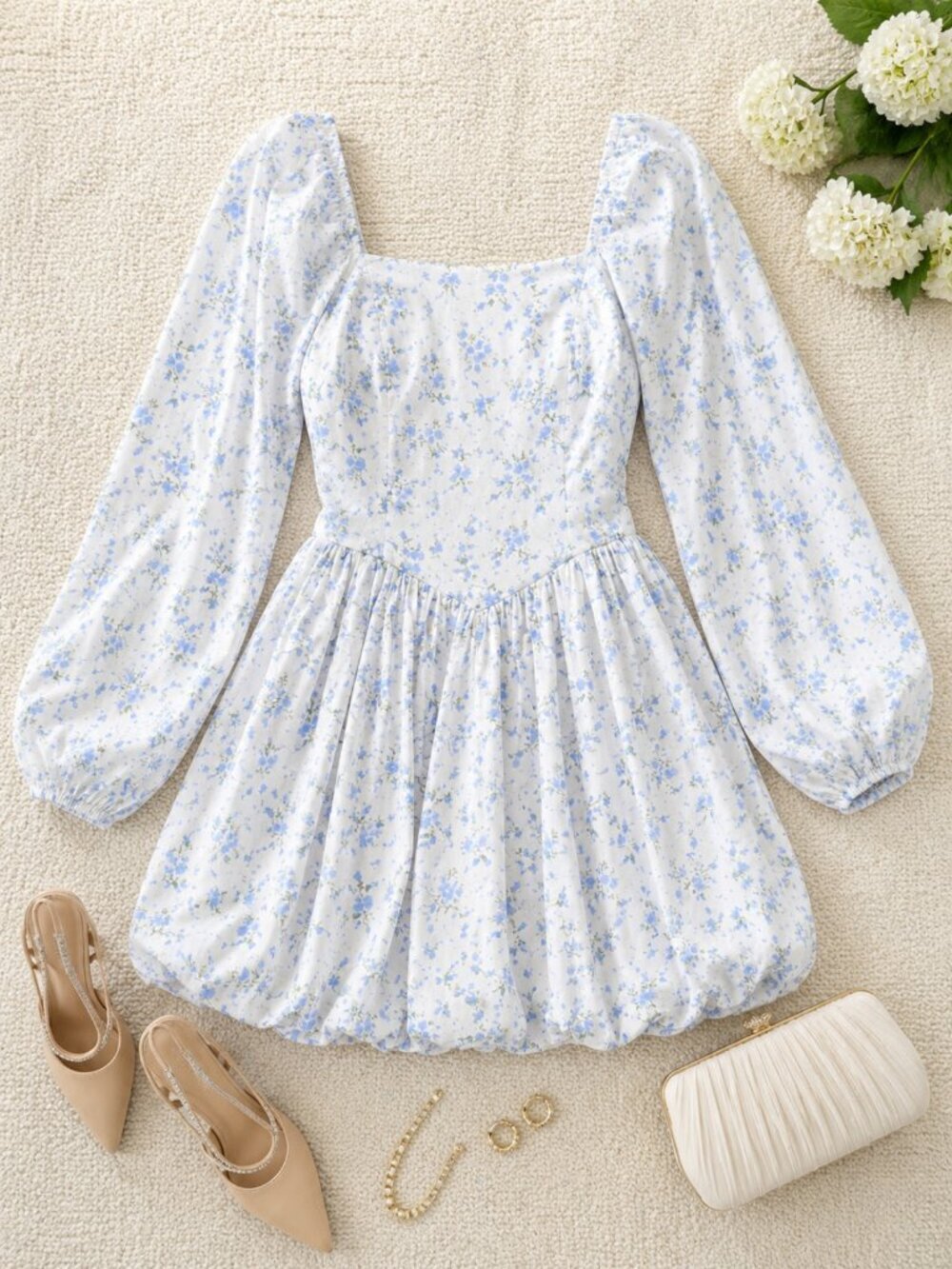 City Studios Long Sleeve Floral Print Mini  Bubble Dress NWT Cream